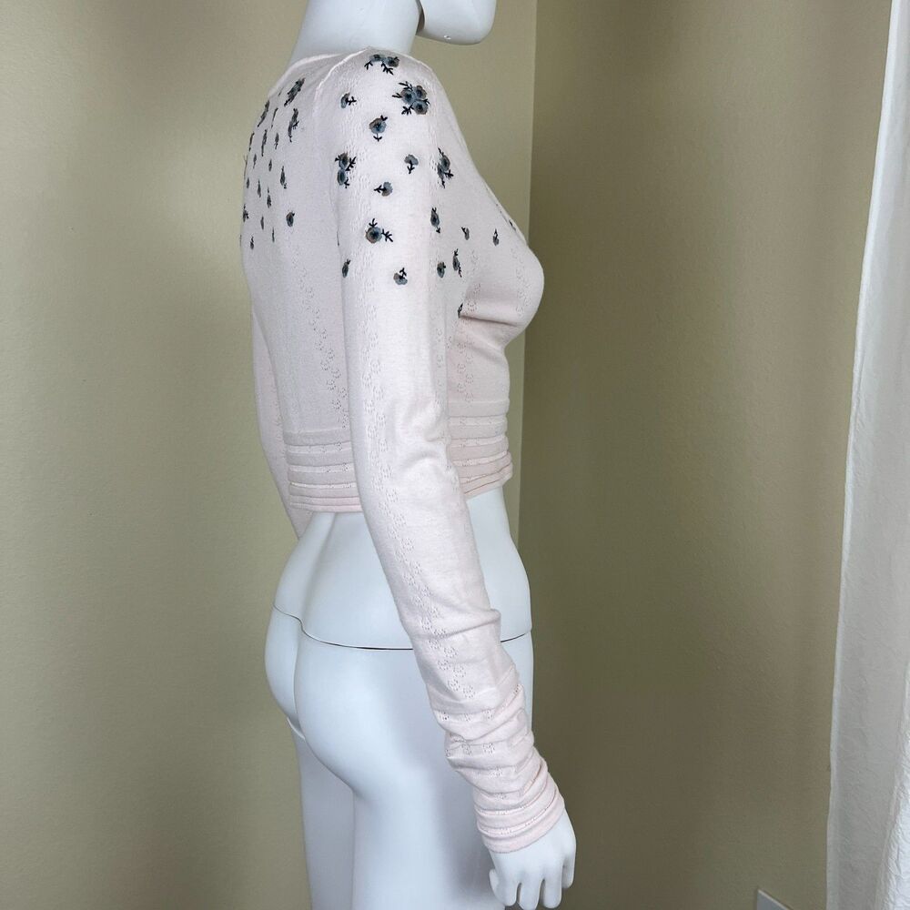 Free People Women Size M Pink Chilled Out V-Neck Crop Floral Embroidered Top - Picture 11 of 14